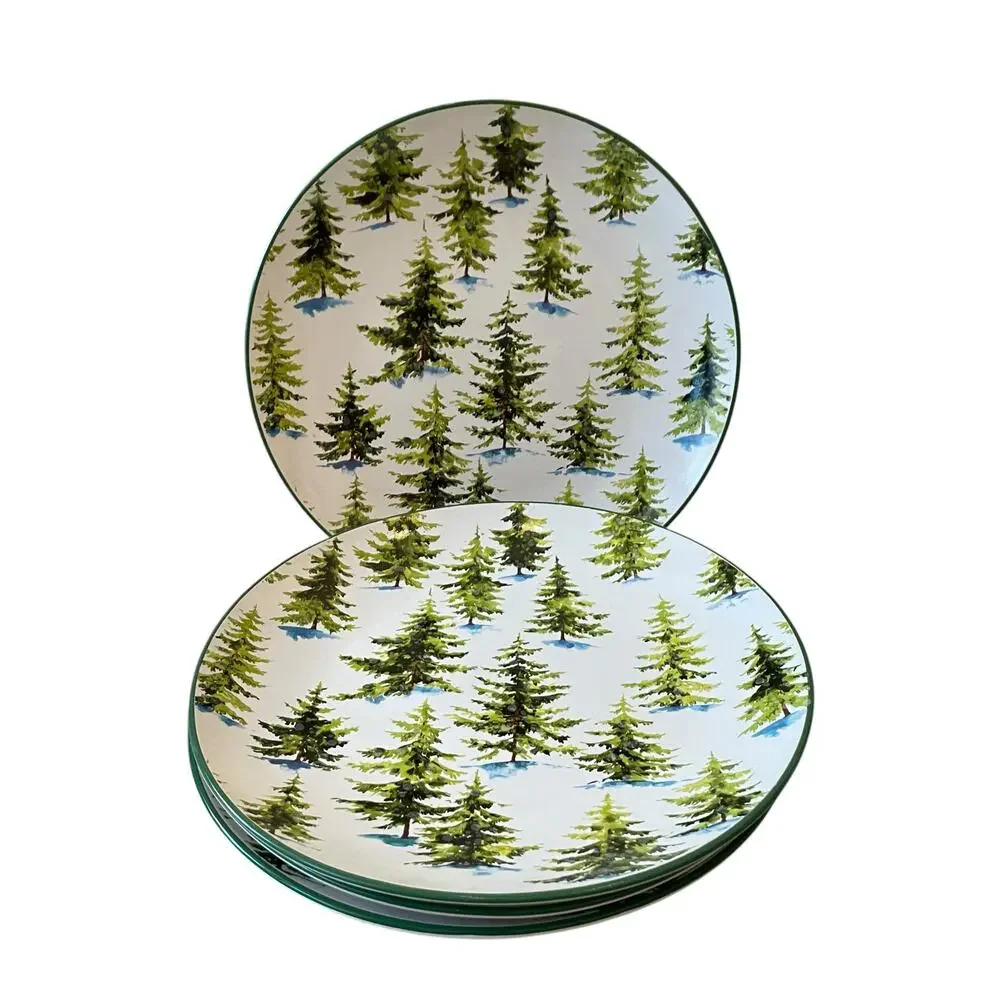 Global Design Christmas Dinner Plates 10.5in Set of 4 Holiday Pine Trees NEW